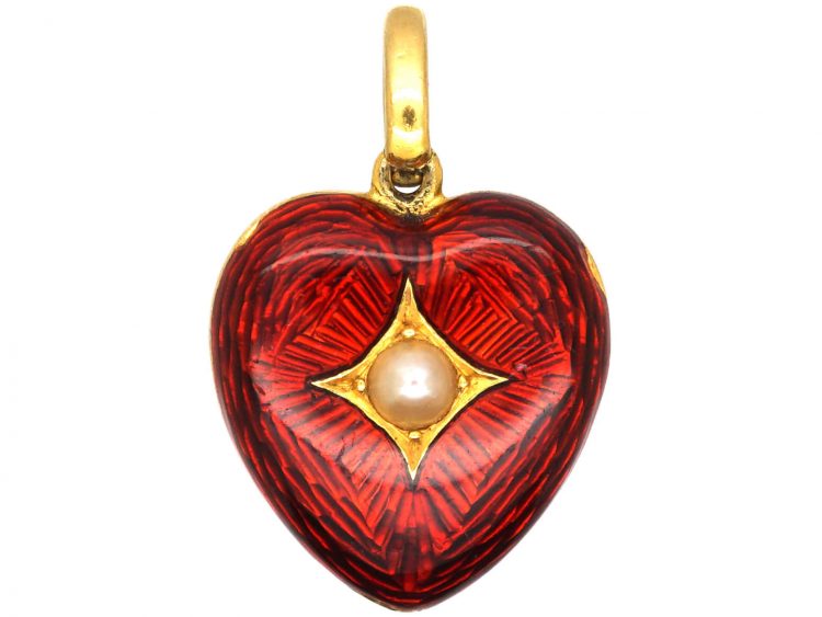 Edwardian 15ct Gold & Red Enamel Heart Shaped Pendant set with a Natural Split Pearl