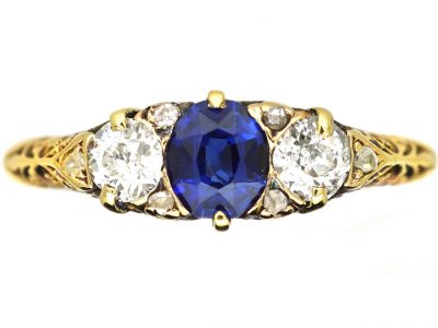 Edwardian 18ct Gold, Sapphire & Diamond Three Stone Carved Half Hoop Ring