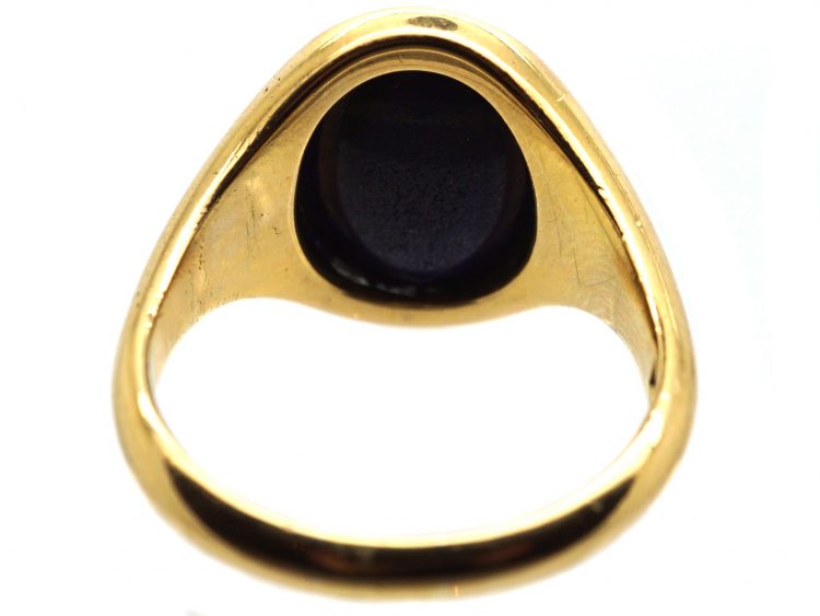 Early 20th Century 18ct Gold Signet Ring set with Lapis with an Intaglio of a Viking Boat