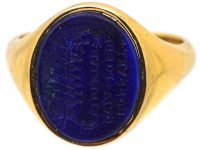 Early 20th Century 18ct Gold Signet Ring set with Lapis with an Intaglio of a Viking Boat
