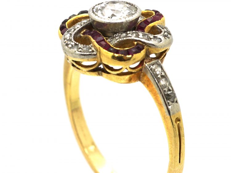 Early 20th Century French Import 18ct Gold Cluster Swirl Ring set with Diamonds & Rubies