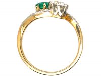 Edwardian 18ct Gold & Platinum, Emerald & Diamond Crossover Ring with Diamond Set Shoulders