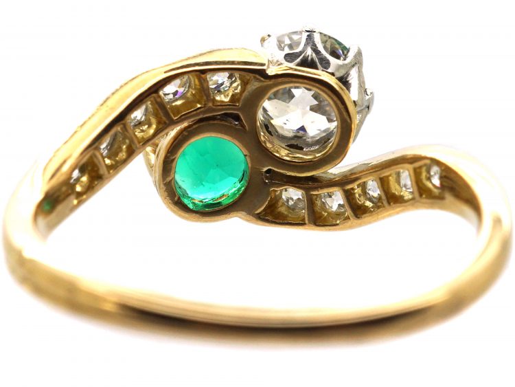 Edwardian 18ct Gold & Platinum, Emerald & Diamond Crossover Ring with Diamond Set Shoulders