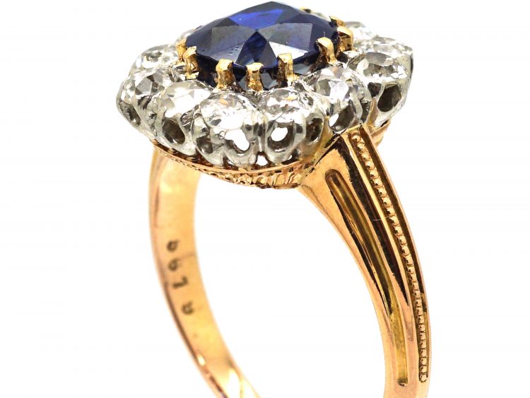 French Belle Epoque 18ct Gold & Platinum, Large Sapphire & Diamond Cluster Ring