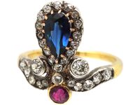 Early 20th Century 18ct Gold Tiara Ring set with a Sapphire, Ruby & Diamonds