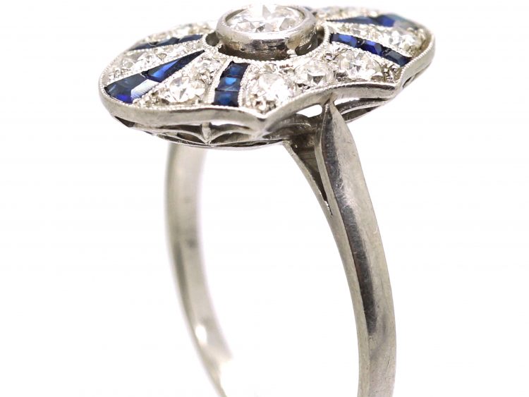 Art Deco Platinum, Sapphire & Diamond Sun Ray Ring