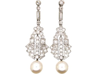 Early 20th Century Platinum & Diamond Drop Earrings with Pearl Drops