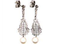 Early 20th Century Platinum & Diamond Drop Earrings with Pearl Drops