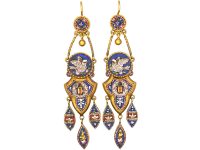 19th Century 18ct Gold Micro Mosaic Drop Earrings with Dove & Scarab Motifs