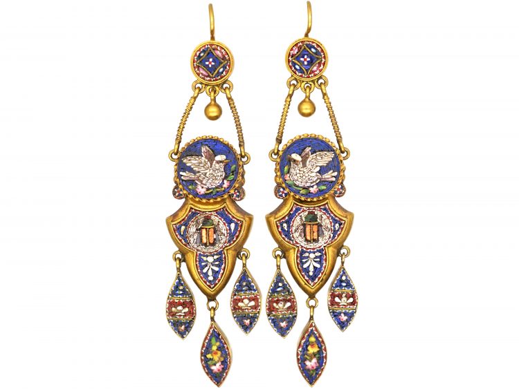 19th Century 18ct Gold Micro Mosaic Drop Earrings with Dove & Scarab Motifs