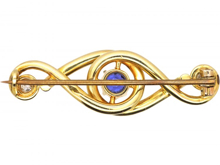 Edwardian 18ct Gold Twist Brooch set with a Sapphire & Two Diamonds