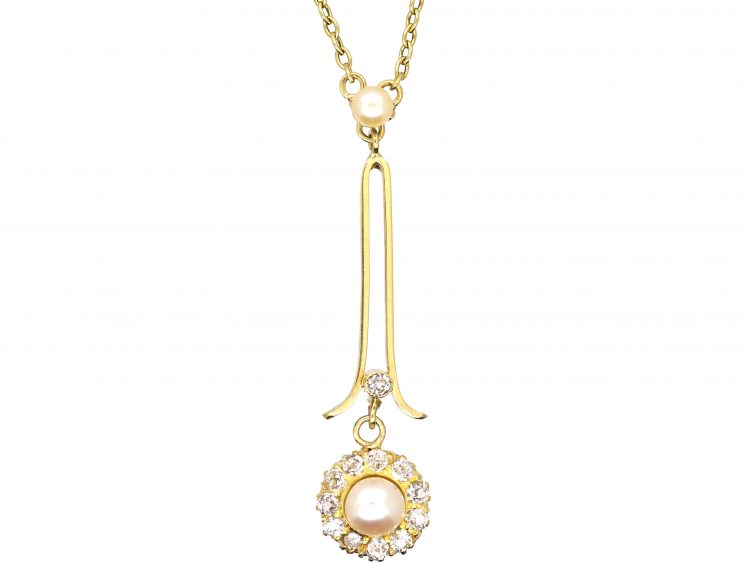 Edwardian 15ct Gold Natural Pearl & Diamond Cluster Pendant on Chain