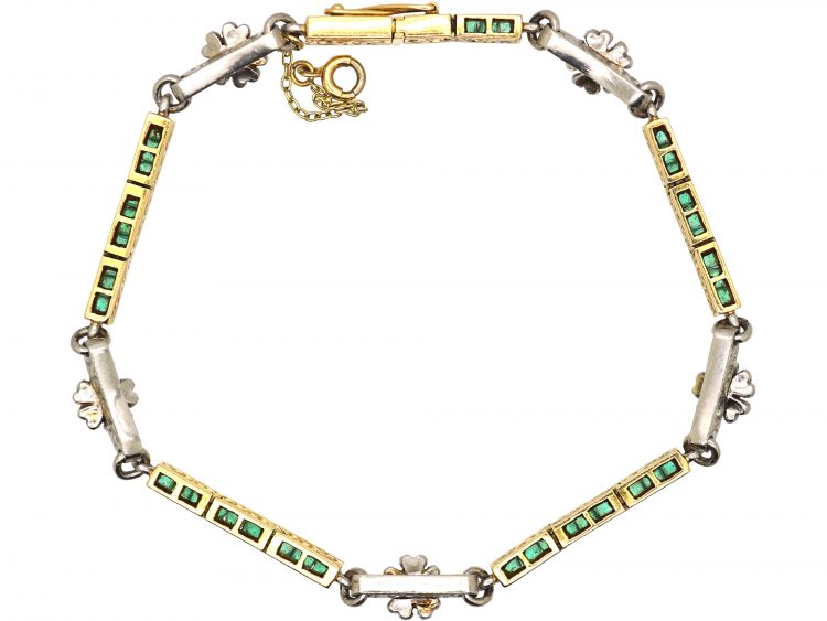 French Early 20th Century Emerald & Diamond Flowers Bracelet