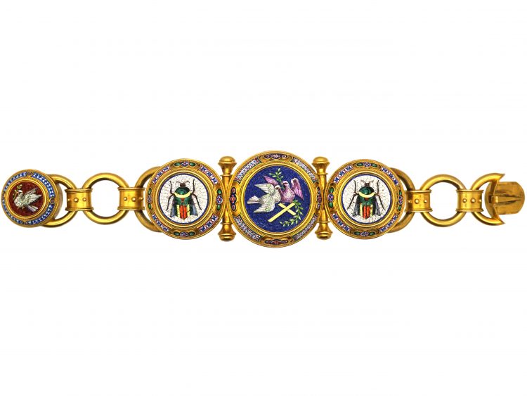 19th Century 18ct Gold Micro Mosaic Bracelet with Dove & Beetle Motifs