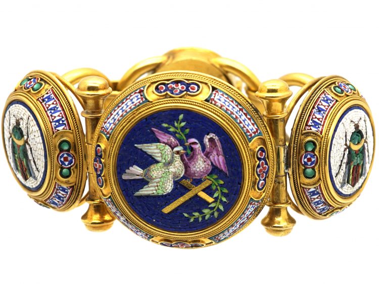 19th Century 18ct Gold Micro Mosaic Bracelet with Dove & Beetle Motifs