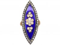 Georgian Navette Shaped Bague Au Firmament Ring set with Rose Diamonds & Blue Enamel