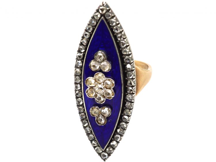 Georgian Navette Shaped Bague Au Firmament Ring set with Rose Diamonds & Blue Enamel