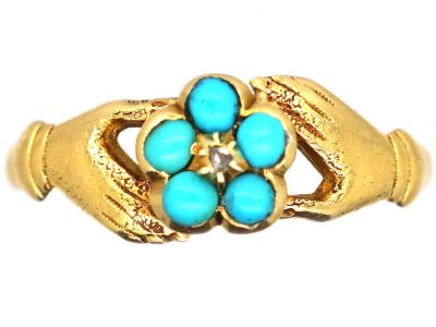 Regency 15ct Gold Fede Ring with Turquoise & Rose Diamond Set Forget Me Not Flower