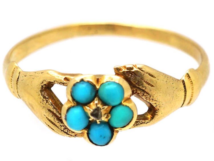 Regency 15ct Gold Fede Ring with Turquoise & Rose Diamond Set Forget Me Not Flower