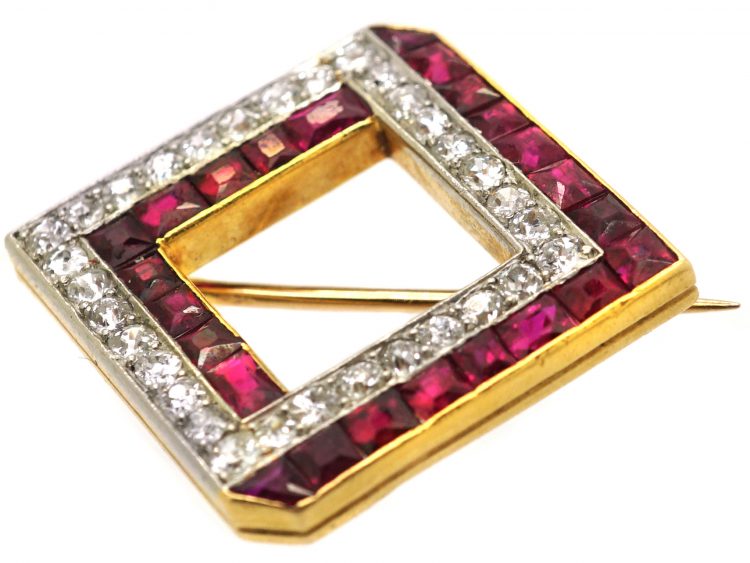 French Art Deco 18ct Gold & Platinum, Ruby & Diamond Tilted Square Brooch