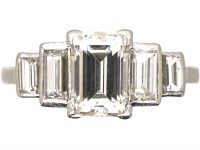 Art Deco Platinum, Five Stone Rectangular Cut & Baguette Cut Diamond Ring