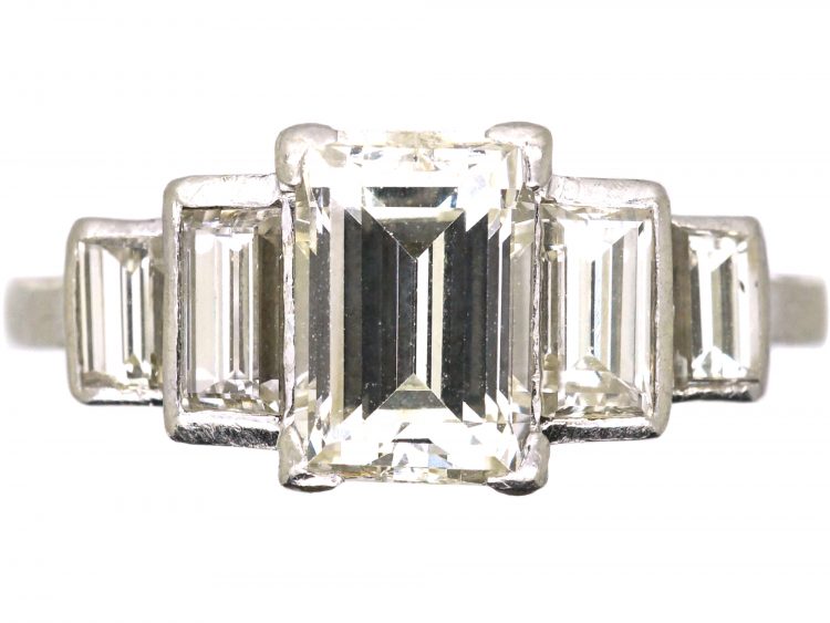 Art Deco Platinum, Five Stone Rectangular Cut & Baguette Cut Diamond Ring