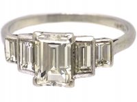 Art Deco Platinum, Five Stone Rectangular Cut & Baguette Cut Diamond Ring