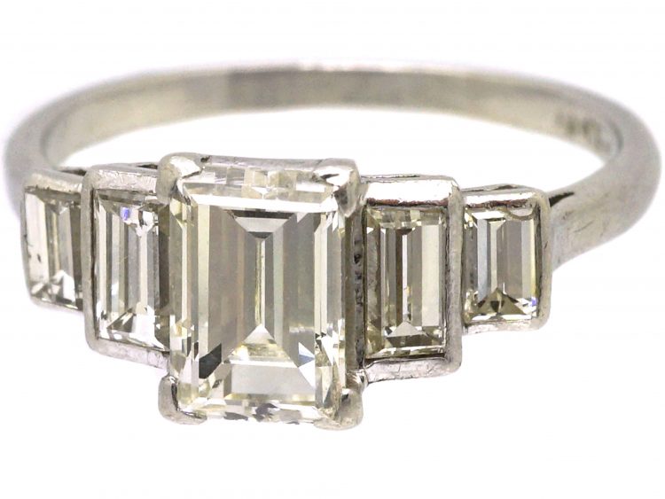 Art Deco Platinum, Five Stone Rectangular Cut & Baguette Cut Diamond Ring