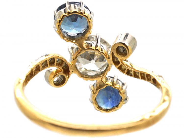 Art Nouveau French Import 18ct Gold & Platinum, Diamond & Sapphire Three Stone Ring