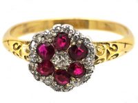 Edwardian 18ct Gold, Ruby & Diamond Cluster Ring with Ornate Shoulders