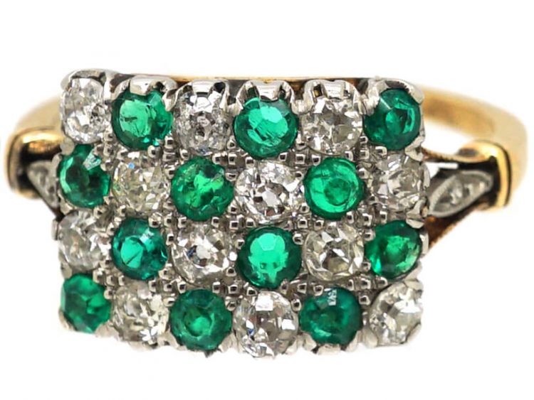 Edwardian 18ct Gold & Platinum, Chequerboard Ring set with Emeralds & Diamonds
