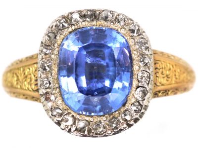 Early 20th Century 18ct Gold & Platinum, Sapphire & Diamond Cluster Ring with Ornate Shoulders