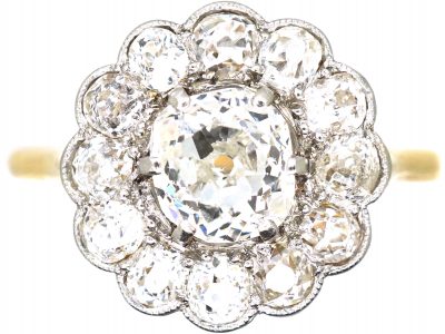 Edwardian 18ct Gold & Platinum, Old Mine Cut Diamond Daisy Cluster Ring by Mappin & Webb
