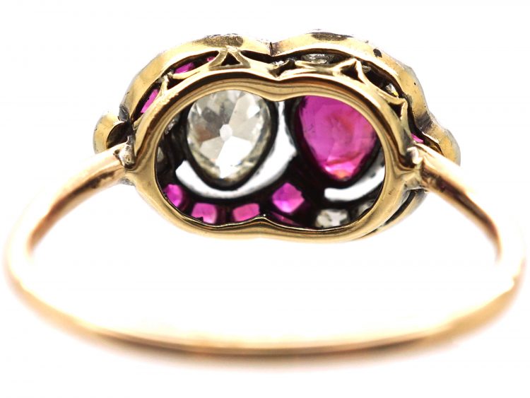 Georgian 15ct Gold & Silver, Ruby & Diamond Entwined Hearts Ring