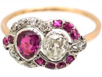 Georgian 15ct Gold & Silver, Ruby & Diamond Entwined Hearts Ring