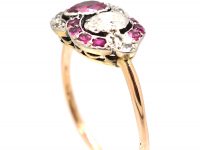 Georgian 15ct Gold & Silver, Ruby & Diamond Entwined Hearts Ring