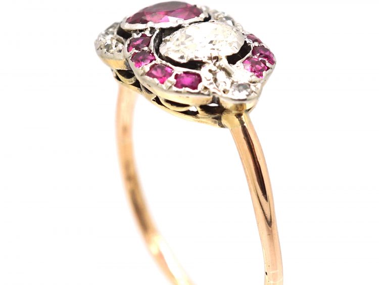 Georgian 15ct Gold & Silver, Ruby & Diamond Entwined Hearts Ring