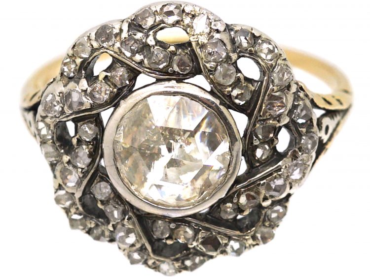 Georgian Rose Diamond Cluster Ring with Diamond set Ribbon Border