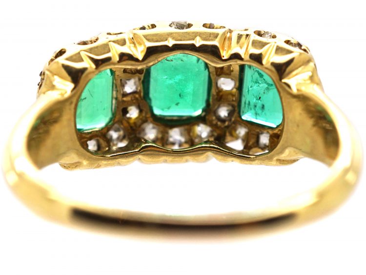 Victorian 18ct Gold, Three Stone Emerald & Old Mine Cut Diamond Ring