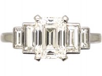 Art Deco Platinum Emerald Cut Diamond Ring with Baguette Cut Diamond Shoulders