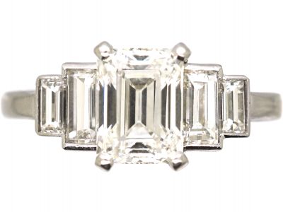 Art Deco Platinum Emerald Cut Diamond Ring with Baguette Cut Diamond Shoulders