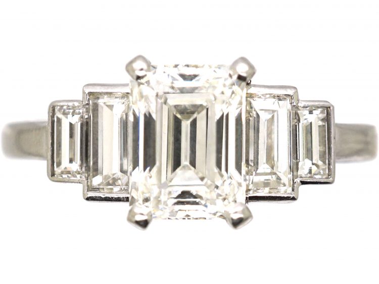 Art Deco Platinum Emerald Cut Diamond Ring with Baguette Cut Diamond Shoulders