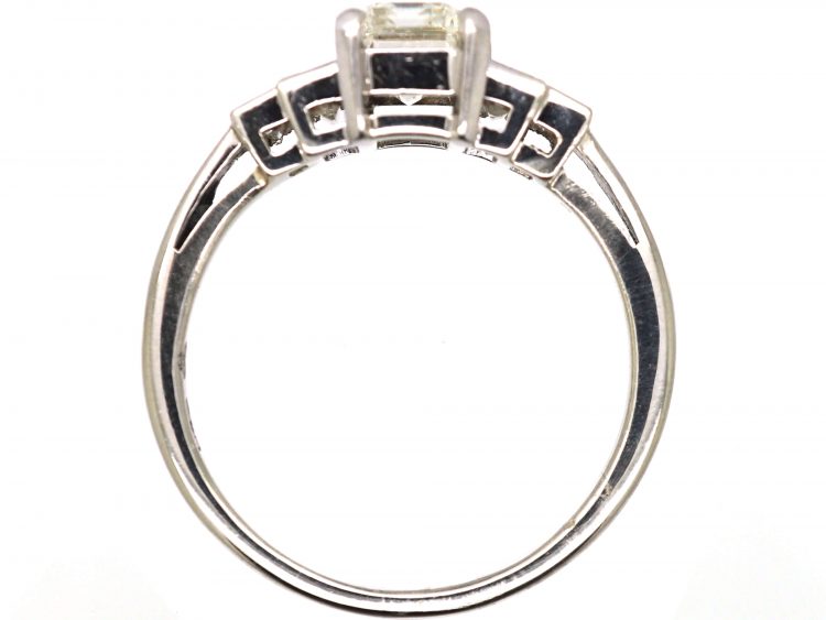 Art Deco Platinum Emerald Cut Diamond Ring with Baguette Cut Diamond Shoulders