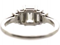 Art Deco Platinum Emerald Cut Diamond Ring with Baguette Cut Diamond Shoulders