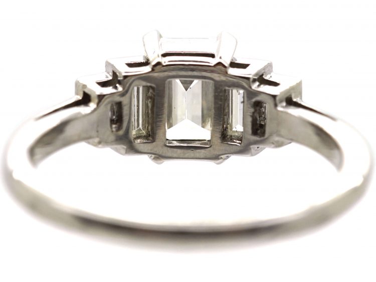 Art Deco Platinum Emerald Cut Diamond Ring with Baguette Cut Diamond Shoulders