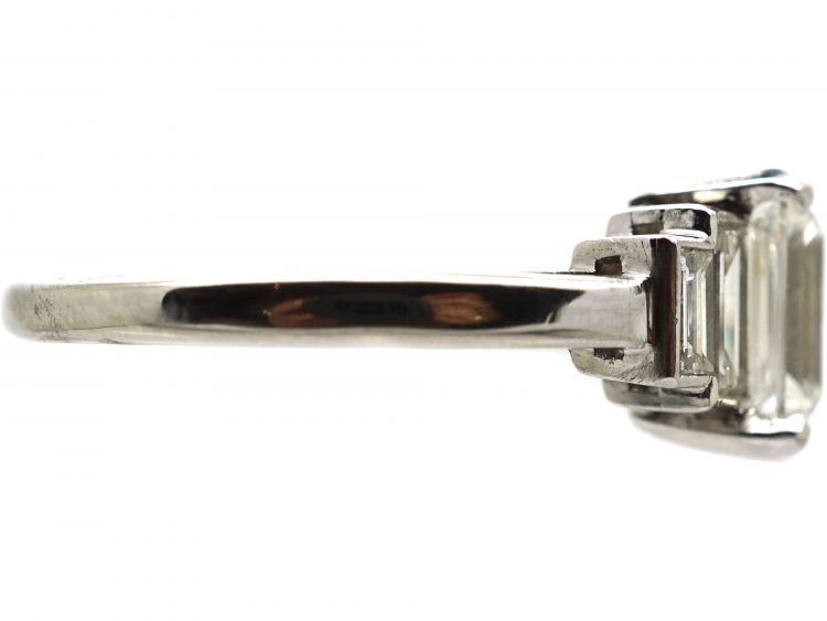 Art Deco Platinum Emerald Cut Diamond Ring with Baguette Cut Diamond Shoulders
