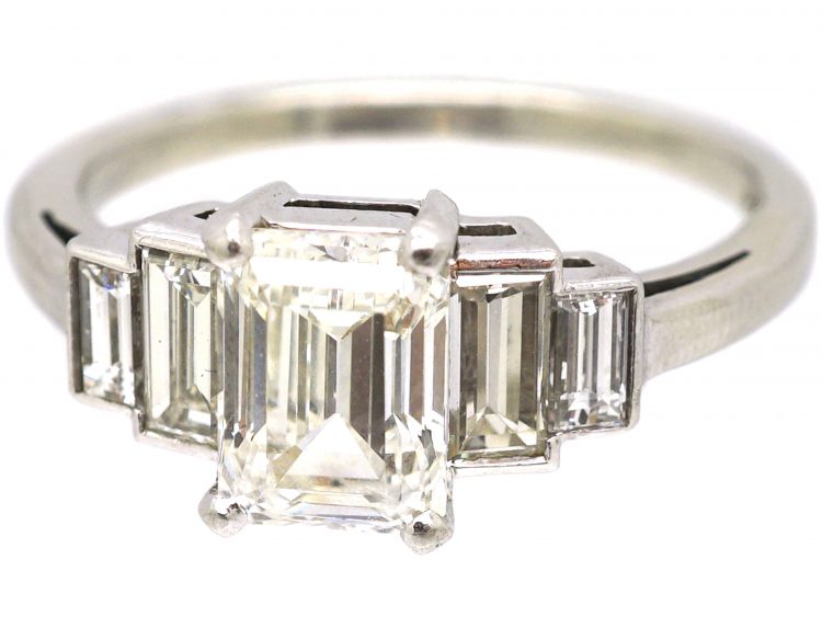 Art Deco Platinum Emerald Cut Diamond Ring with Baguette Cut Diamond Shoulders
