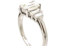 Art Deco Platinum Emerald Cut Diamond Ring with Baguette Cut Diamond Shoulders