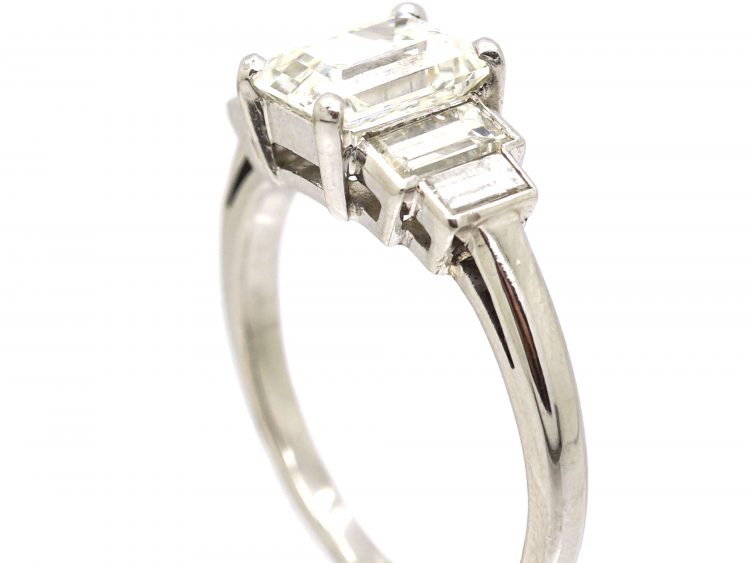 Art Deco Platinum Emerald Cut Diamond Ring with Baguette Cut Diamond Shoulders
