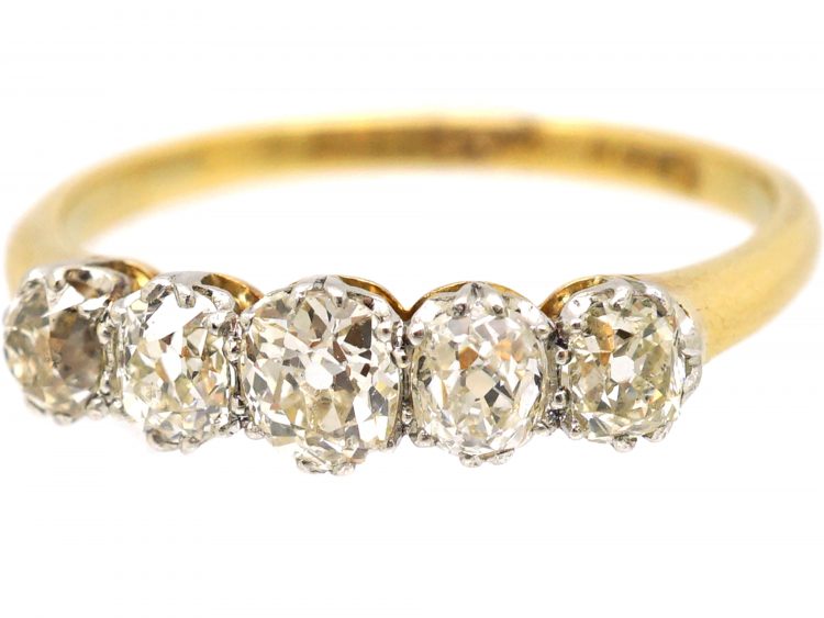 Edwardian 18ct Gold, Five Stone Old Mine Cut Diamond Ring